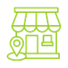 Icon of a store with a green outline on a white background