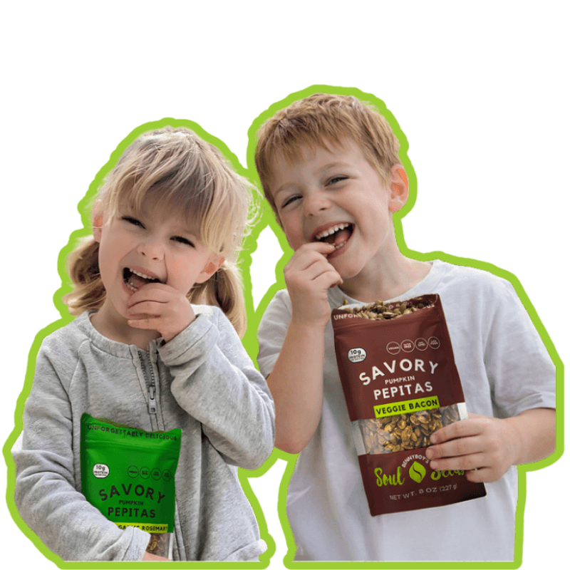 Two children eating savory snack packages with a green border.